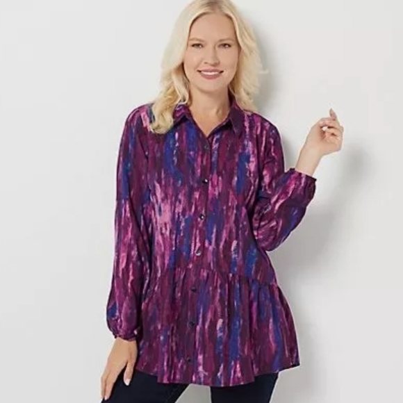 LOGO by Lori Goldstein Stretch Woven Button Front Blouse Top Plum - Picture 1 of 9